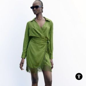 Zara Green Jacquard Fringe Dress New With Tags